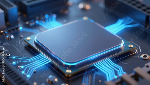 Close-Up View of Modern Microprocessor on Circuit Board with Glow