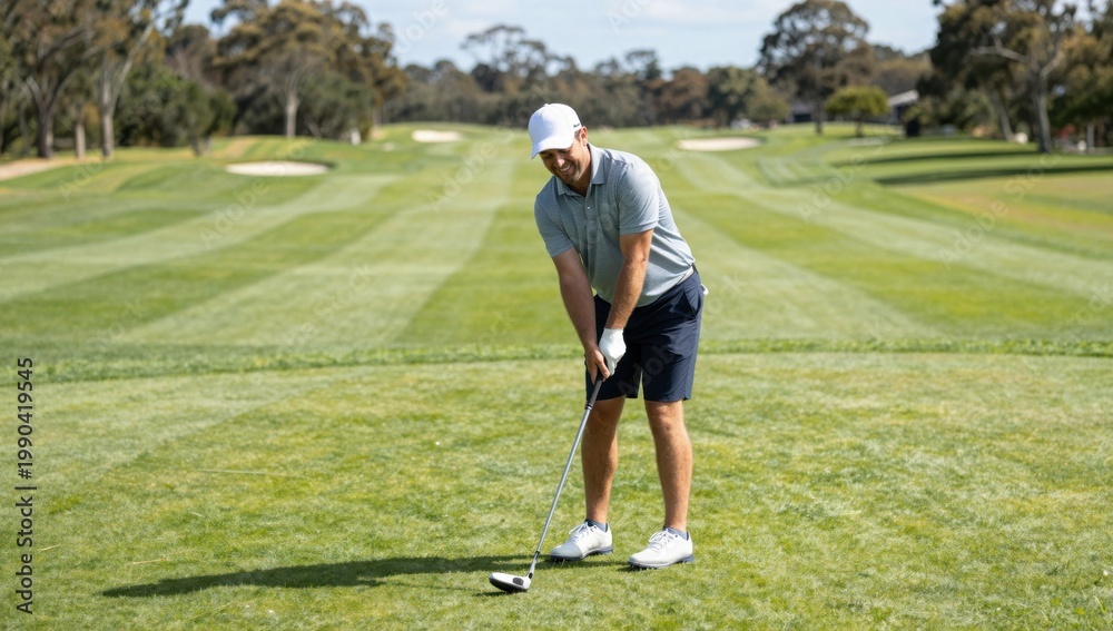 Obraz premium Golfer Preparing to Tee Off on Lush Green Golf Course Fairway