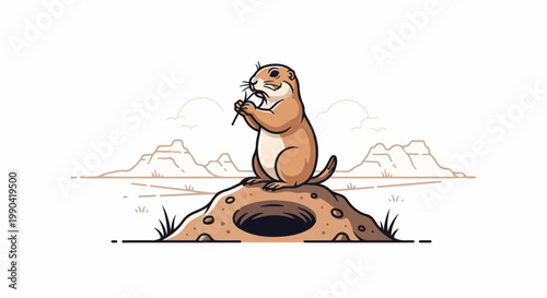 Cartoon prairie dog standing by burrow, holding grass. Rocky landscape background
