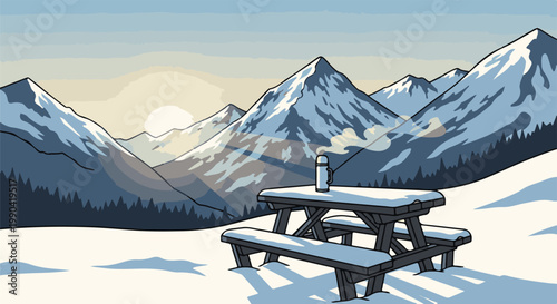 Snow-covered mountains and picnic table with a thermos, bathed in soft sunlight