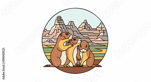 A stylized circle depicts three prairie dogs in the foreground, with layered, rocky formations behind them