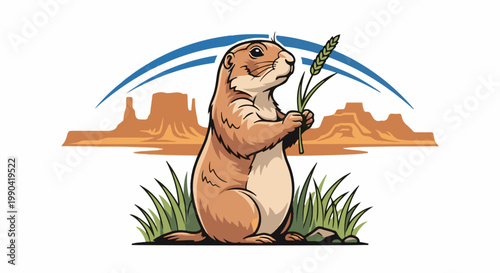 Stylized prairie dog in a desert landscape holding a wheat stalk