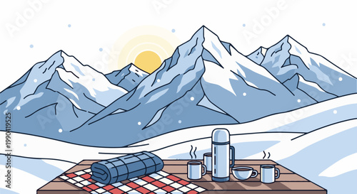 Cozy winter picnic setup with steaming mugs and a thermos against majestic snow-capped mountains