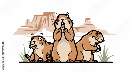 Three cartoon prairie dogs enjoying snacks in a desert landscape