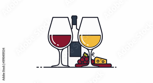 A stylized image depicts two wine glasses, one with red wine and the other with white, with a bottle and accompaniments