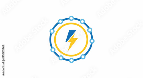 Lightning bolt icon inside circular network nodes with blue and yellow accents for energy and electricity branding