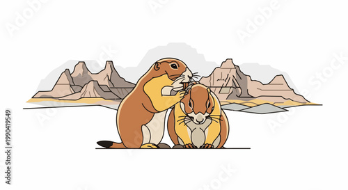 Two cartoon prairie dogs grooming each other in a desert landscape with mountains