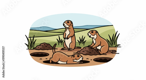 Three cartoon prairie dogs playing near their burrows in a grassy landscape
