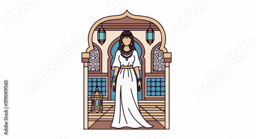 Elegant woman in white gown stands within a decorative archway adorned with lanterns