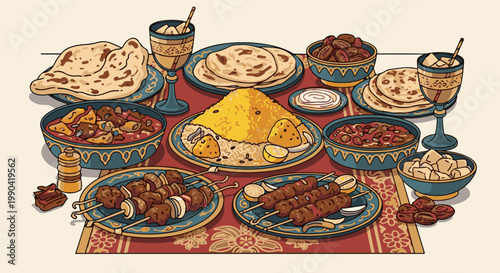 A lavish feast featuring skewers, rice, flatbread, and various dips