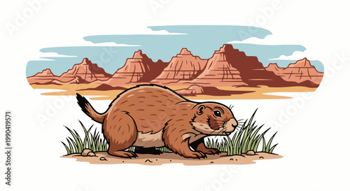 A cartoon prairie dog eats grass with a desert landscape and mountains behind