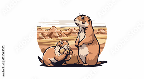 Two cartoon prairie dogs stand in a desert landscape, one holding food