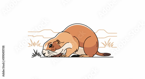 A cartoon prairie dog is shown close-up, sniffing the ground near some stylized grass and hills