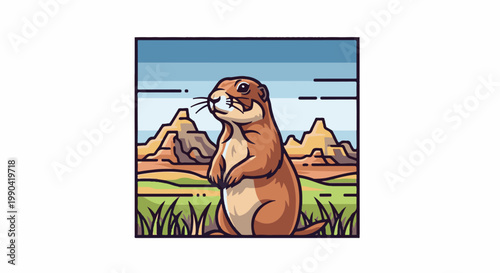 A cute prairie dog stands alert in a desert landscape with mesas and green grass