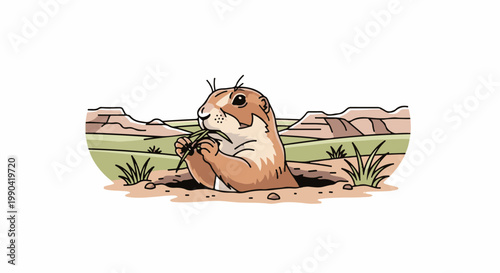 A charming prairie dog emerges from its burrow, nibbling on a blade of grass