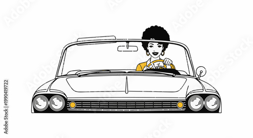 Stylish woman with afro hairstyle driving a vintage convertible car with a white background