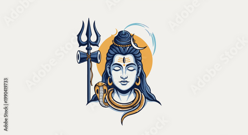 Serene depiction of a divine figure with closed eyes, a crescent moon, and a coiled serpent around its neck