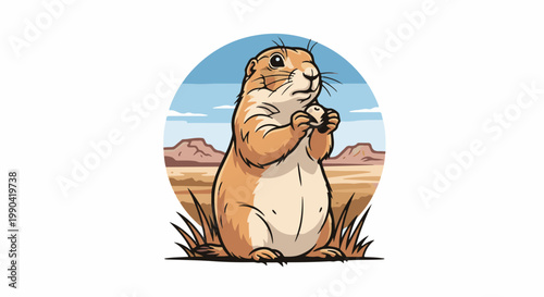 A cartoon prairie dog stands upright in a desert landscape, holding something in its paws