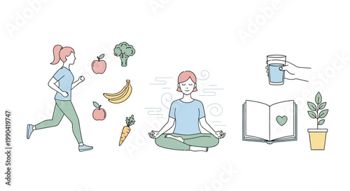 Healthy lifestyle illustration featuring a woman exercising meditating and reading