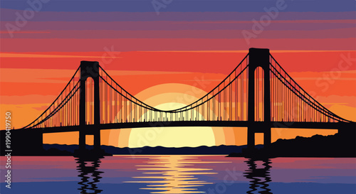 Silhouette of a suspension bridge against a vibrant sunset over water