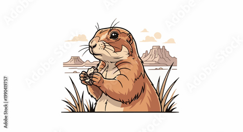 A charming cartoon prairie dog with a snack stands amidst sparse desert grasses with distant mesas under a pale sky