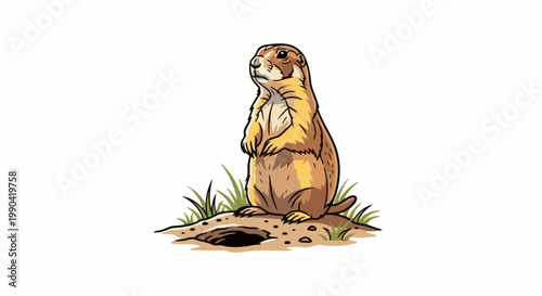 A prairie dog stands alertly beside its burrow entrance, surrounded by sparse grass