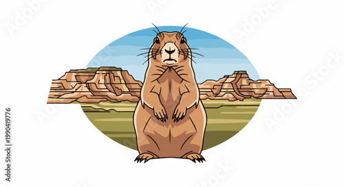 A prairie dog stands alert in front of layered, arid rock formations under a blue sky
