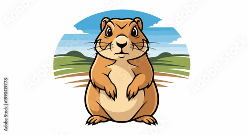 A cartoon prairie dog stands on its hind legs, looking forward with a serious expression, set against a landscape