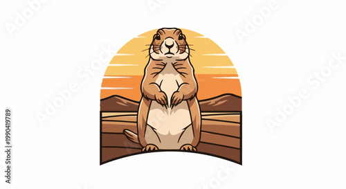 A stylized prairie dog stands alertly in a warm desert landscape under a sunset sky