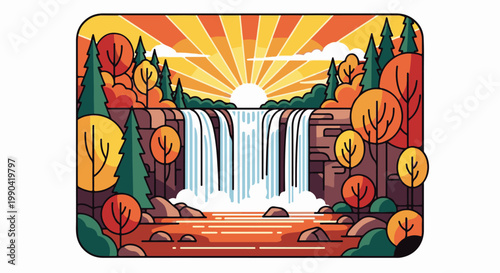 Stylized autumn waterfall with radiant sunbeams illuminating the scene