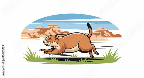 Cartoon prairie dog scurrying across a grassy field with arid rock formations in the background