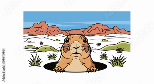 A curious prairie dog peeks out from its burrow in a desert landscape
