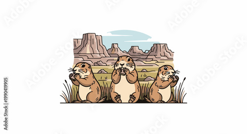 Three prairie dogs sit in a desert landscape eating