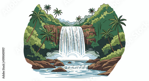 Lush tropical waterfall cascades into a rocky river surrounded by dense green jungle and palm trees