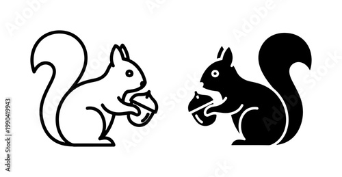 Squirrel line and silhouette icons holding acorn nut