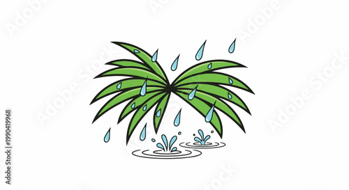 A cartoon illustration of bright green palm leaves with falling raindrops, creating splashes on a white background