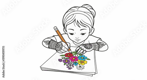Young artist with henna designs coloring a floral picture with a pencil