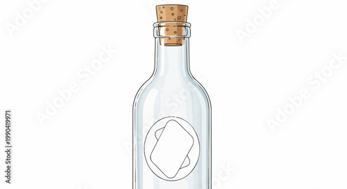 Empty glass bottle with a cork stopper and a blank oval label