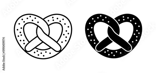 Pretzel icon set with black outline and solid silhouette