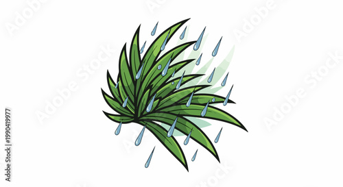 Lush green plant with falling raindrops and a faint, light green background effect
