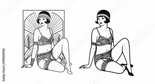 Stylized illustration of a woman in vintage lingerie posing with a geometric fan backdrop