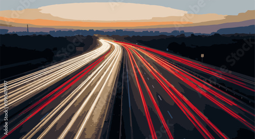 Streaking lights of vehicles on a highway at dusk under a pastel sky