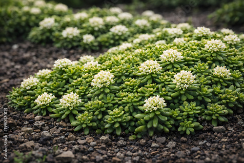 Flowering Succulent Ground Cover with White Blooms Growing on Soil – Natural Garden Plant Close Up
