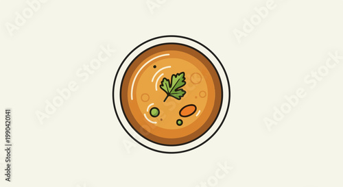 A cartoon bowl of creamy, orange soup with a sprig of green parsley and visible vegetables