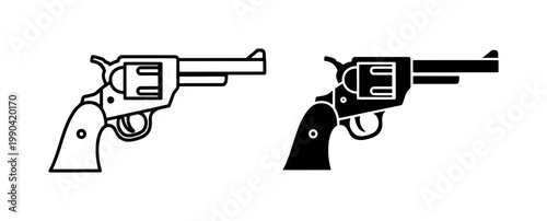 Western Revolver Pistol Line and Silhouette Icon Set