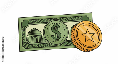 A green banknote with a dollar sign coin and a gold coin with a star
