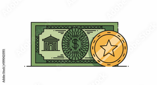 Stylized banknote with a building and a coin featuring a star symbol