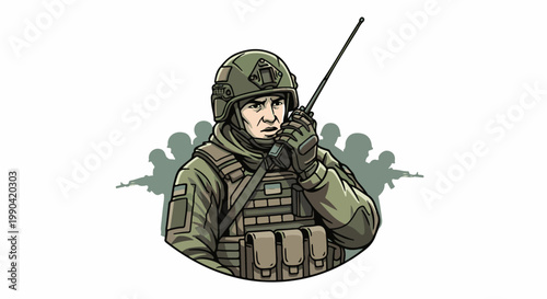 Determined soldier in tactical gear communicating via radio, with blurry troops in background