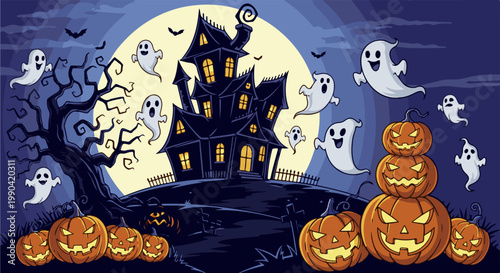 Spooky haunted house scene with ghosts and jack-o'-lanterns under a full moon