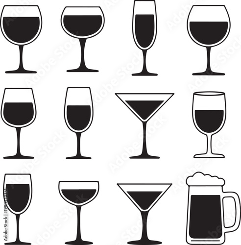 Vector icon set of utensil. Wine beer martini whiskey brandy glasses